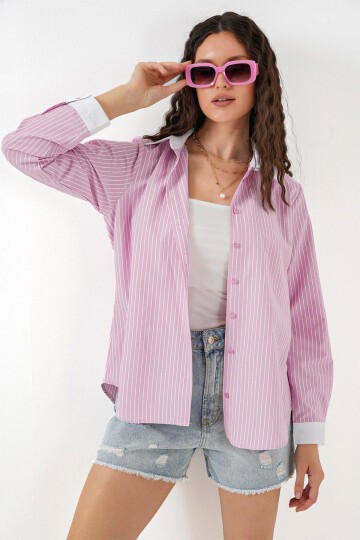 Merterium Kadın Çizgili Gömlek 20288 - Pembe