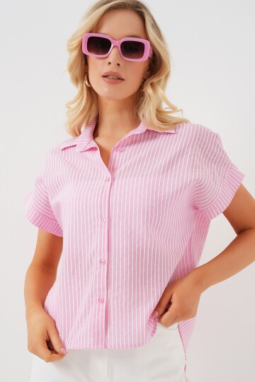 Merterium Kadın Çizgili Kısa Kol Gömlek 20324 - Pembe