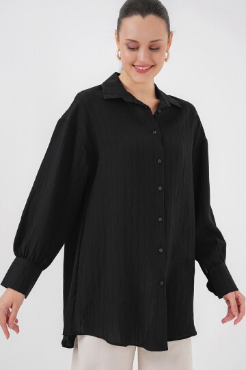 Merterium Kadın Çizgili Uzun Gömlek Tunik 5963 - Siyah