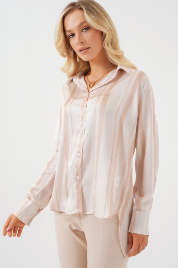 Merterium Kadın Çizgili Uzun Saten Gömlek 20291 - Bej