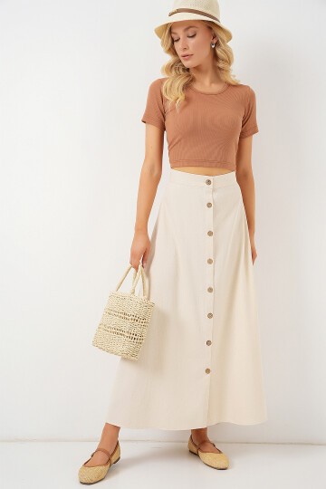 Merterium Kadın Düğmeli Keten Uzun Etek 8046 - Krem