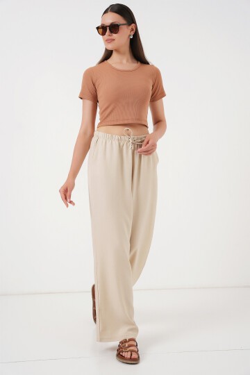 Merterium Kadın Geniş Paça Keten Pantolon 6735 - Krem