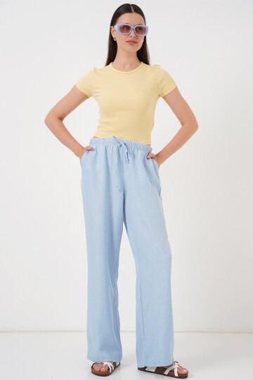 Merterium Kadın Geniş Paça Keten Pantolon 6735 - Mavi