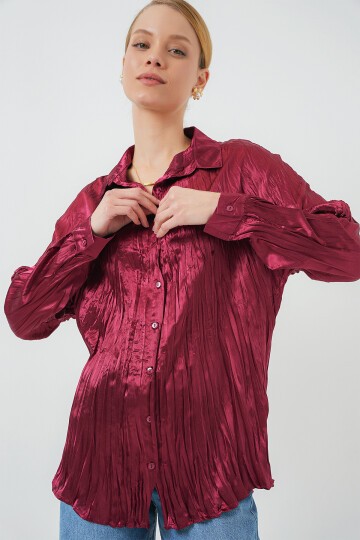 Merterium Kadın Kırışık Saten Gömlek 20316 - Bordo