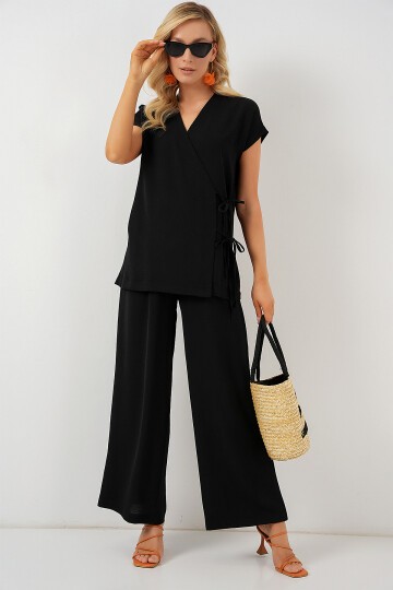 Merterium Kadın Kısa Kol Bağcıklı Ayrobin İkili Takım 6741 - Siyah