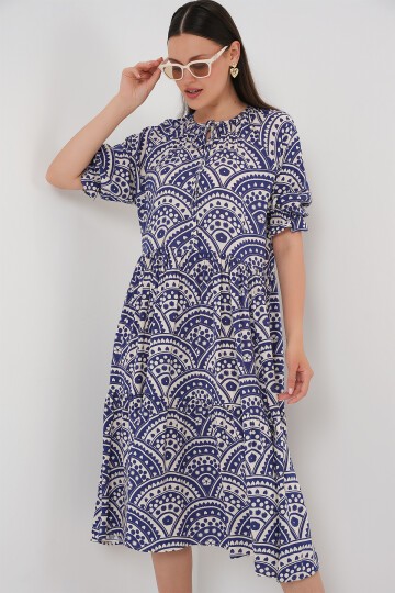 Merterium Kadın Kısa Kol Desenli Elbise 2553 - İndigo