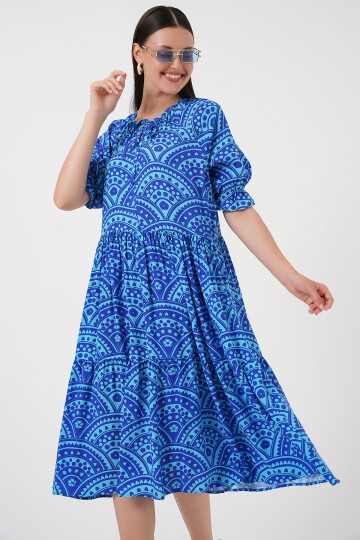 Merterium Kadın Kısa Kol Desenli Elbise 2553 - Saks