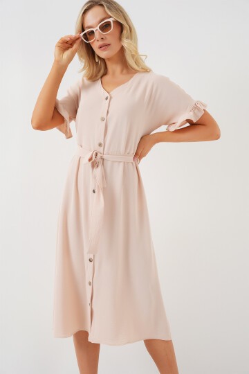 Merterium Kadın Kısa Kol Düğmeli Elbise 2555 - Krem