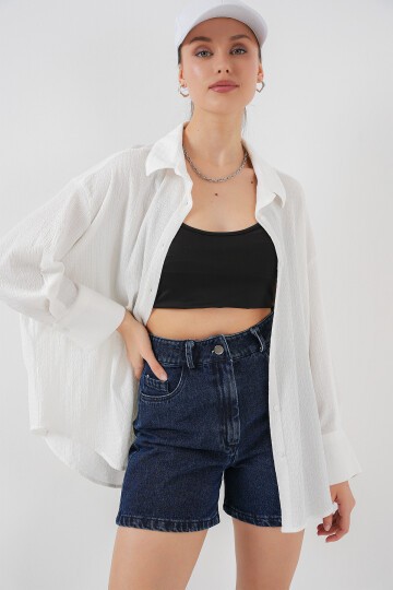 Merterium Kadın Örme Oversize Gömlek 20264 - Beyaz