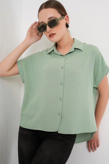 Merterium Kadın Oversize Kısa Kol Gömlek 20322 - Çağla