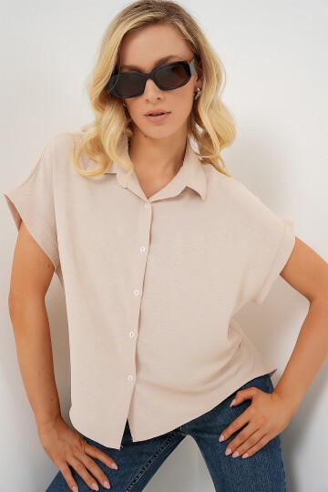 Merterium Kadın Oversize Kısa Kol Gömlek 20322 - Krem