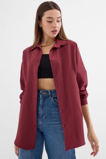 Merterium Kadın Oversize Mürdüm Uzun Basic Gömlek 3900