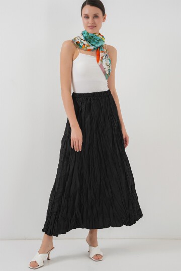 Merterium Kadın Uzun Kırışık Etek 8042 - Siyah