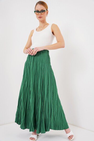 Merterium Kadın Uzun Kırışık Etek 8042 - Zümrüt Yeşili