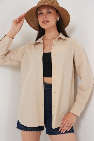 Merterium Kadın Uzun Kol Basic Gömlek 20279 - Bej