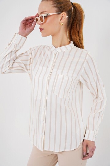 Merterium Kadın Uzun Kollu Çizgili Gömlek 20283 - Bej
