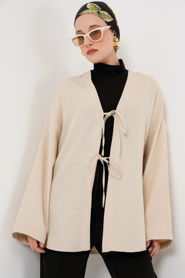 Merterium Keten Tesettür Kimono 5968 - Krem