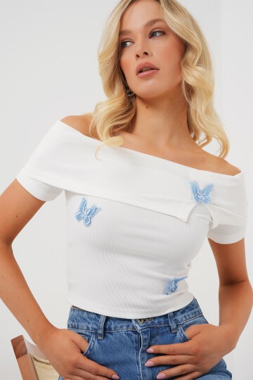 Merterium Madonna Yaka Kelebek Detaylı Bluz 957 - Beyaz