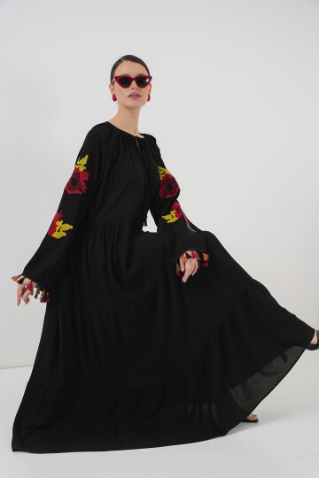 Merterium Nakışlı Uzun Elbise 2534 - Siyah