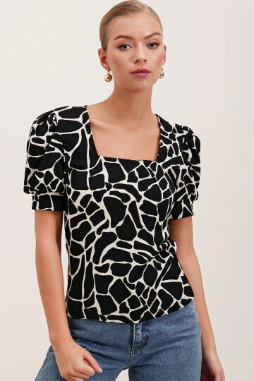 Merterium 0409 Kare Yaka Örme Bluz - H. Siyah