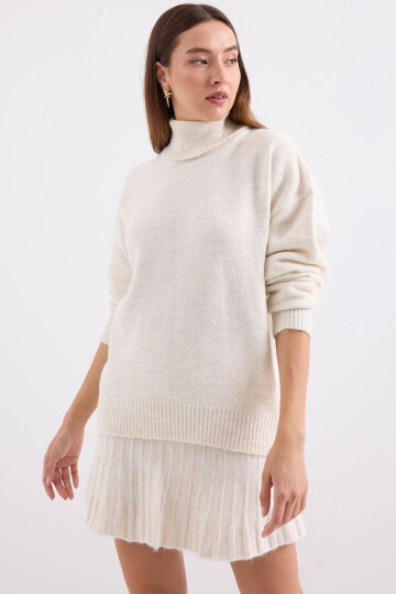 Merterium 15891 Kazak Etek Triko İkili Takım - Ekru