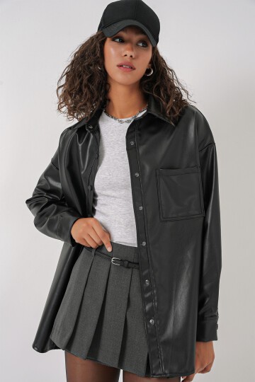 Merterium 20134 Oversize Suni Deri Gömlek - Siyah