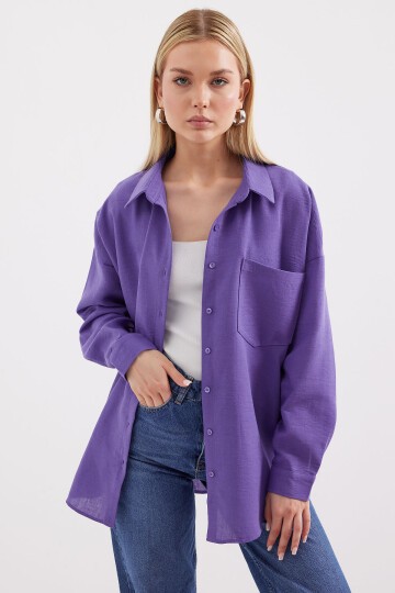 Merterium 20153 Tek Cepli Oversize Keten Gömlek - Mor