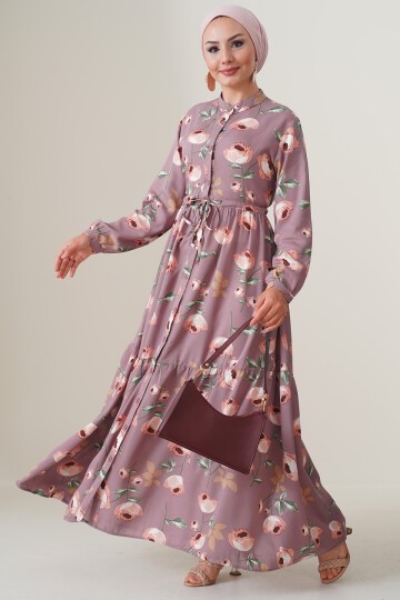 Merterium 2144 Hakim Yaka Tesettür Elbise - D.Gül Kurusu