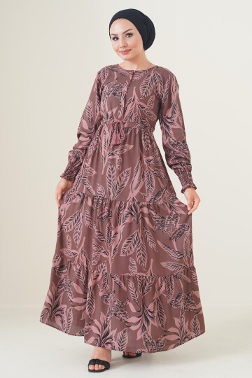 Merterium 2145 Desenli Tesettür Elbise - Kahverengi