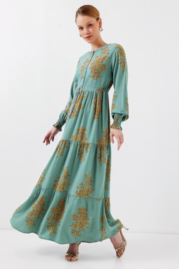 Merterium 2145 Desenli Tesettür Elbise - Mint