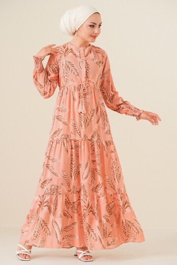 Merterium 2145 Desenli Tesettür Elbise - Pudra