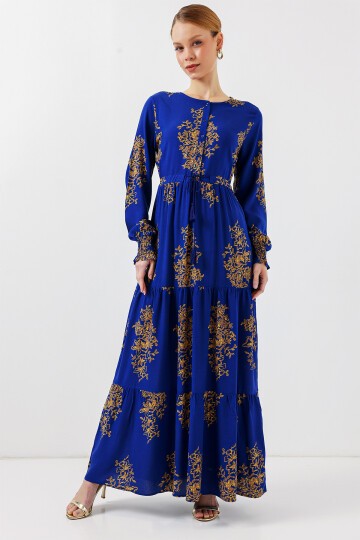 Merterium 2145 Desenli Tesettür Elbise - Saks