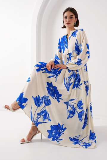 Merterium 2423 Otantik Desenli Tesettür Elbise - A.Ekru