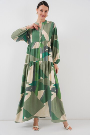 2423 Otantik Desenli Tesettür Elbise - A.Haki