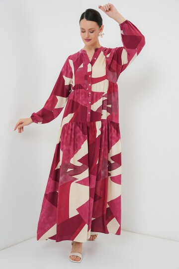 2423 Otantik Desenli Tesettür Elbise - B. Bordo