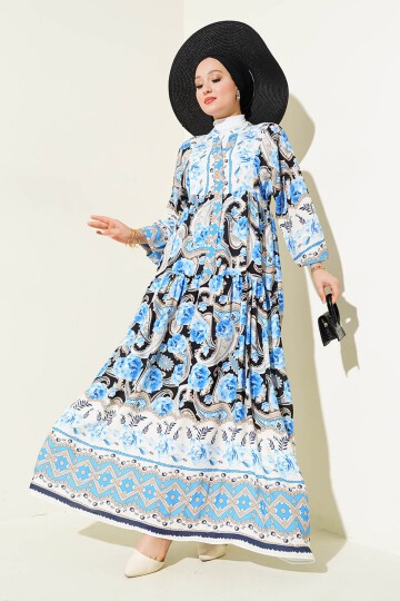 Merterium 2423 Otantik Desenli Tesettür Elbise - Bebe Mavi