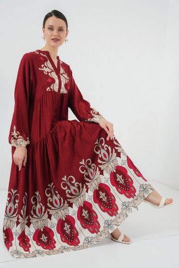 Merterium 2423 Otantik Desenli Tesettür Elbise - C. Bordo