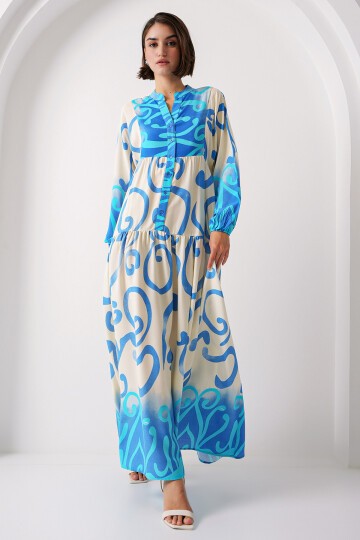 Merterium 2423 Otantik Desenli Tesettür Elbise - C.Mavi