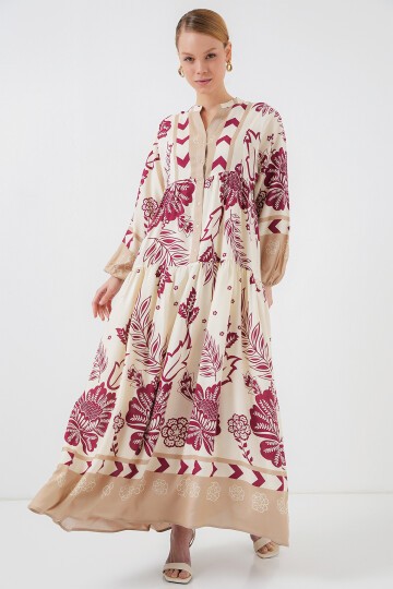 Merterium 2423 Otantik Desenli Tesettür Elbise - F. Fuşya