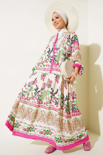 Merterium 2423 Otantik Desenli Tesettür Elbise - Fuşya