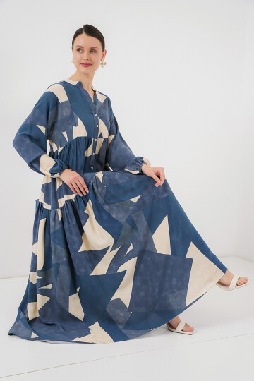 Merterium 2423 Otantik Desenli Tesettür Elbise - K. İndigo