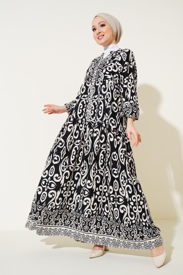 2423 Otantik Desenli Tesettür Elbise - Siyah