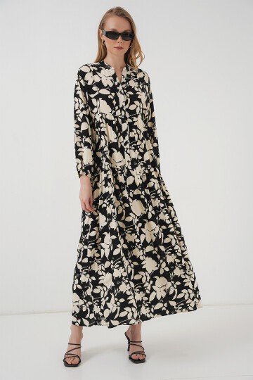 Merterium 2423 Otantik Desenli Tesettür Elbise - Siyah - Beyaz1