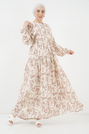 Merterium 2423 Otantik Desenli Tesettür Elbise - Z.Bej