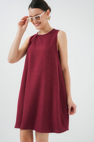 2444 Mini Keten Elbise - Bordo