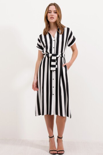 Merterium 2456 Çizgili Gömlek Elbise - Siyah