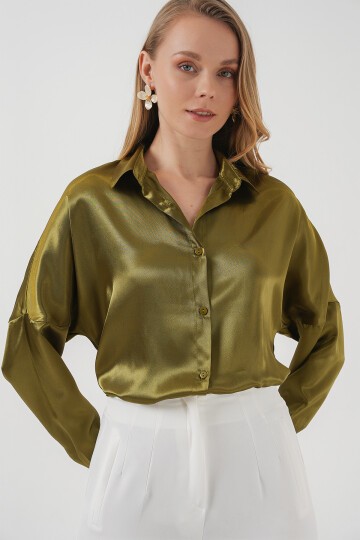 Merterium 3985 Oversize Saten Gömlek - Y.Haki