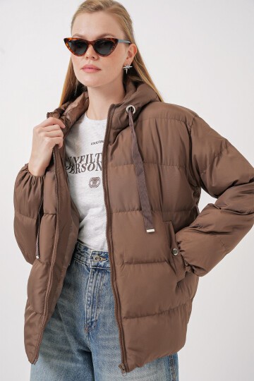 Merterium 5117 Kapşonlu Şişme Mont - Cappucino