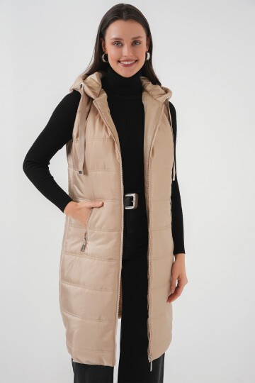 Merterium 5140 Kapşonlu Uzun Şişme Yelek - Bisküvi