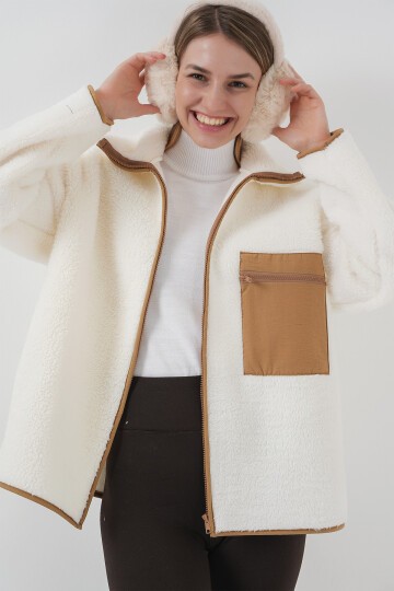 Merterium 55446 Fermuarlı Oversize Peluş Ceket Mont - Camel